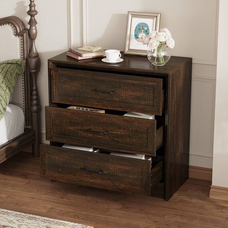 Modern 3-Drawer Wood Dresser for Bedroom, Wide Storage Chest with Metal Handles, Nightstand Cabinet