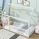 preview thumbnail 12 of 15, Twin Size Wooden House Floor Bed with Roof Frame, Safety Guardrails, Natural