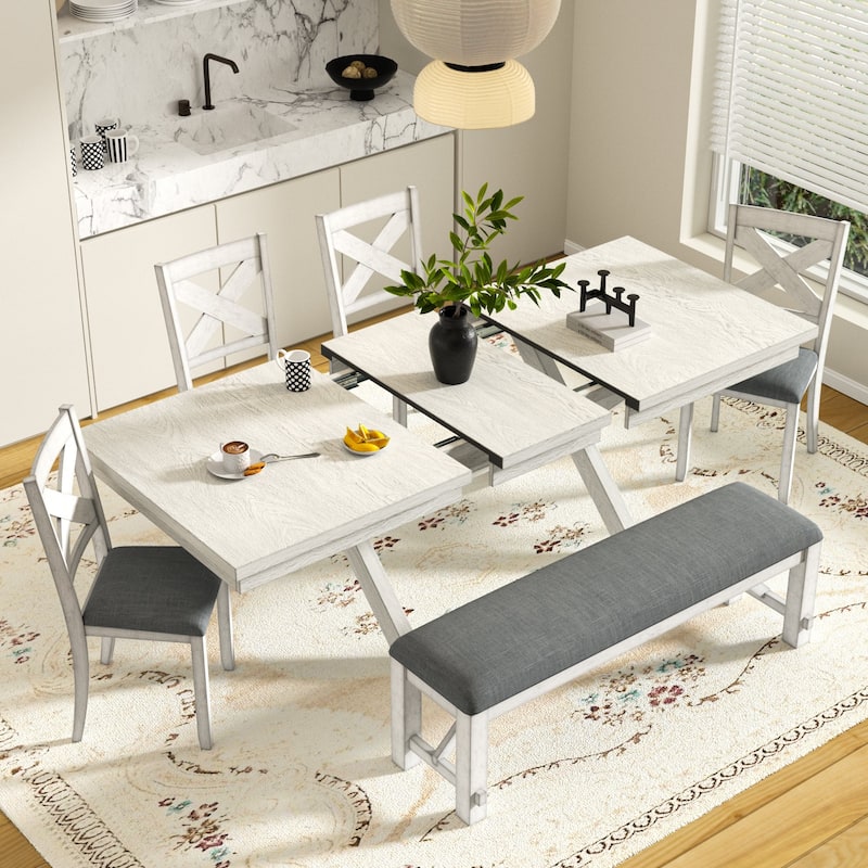 VECELO Dining Table Set with Bench, Solid Wood Rectangular Extendable Dining Table & 4/6 Solid Wood Dining Chairs