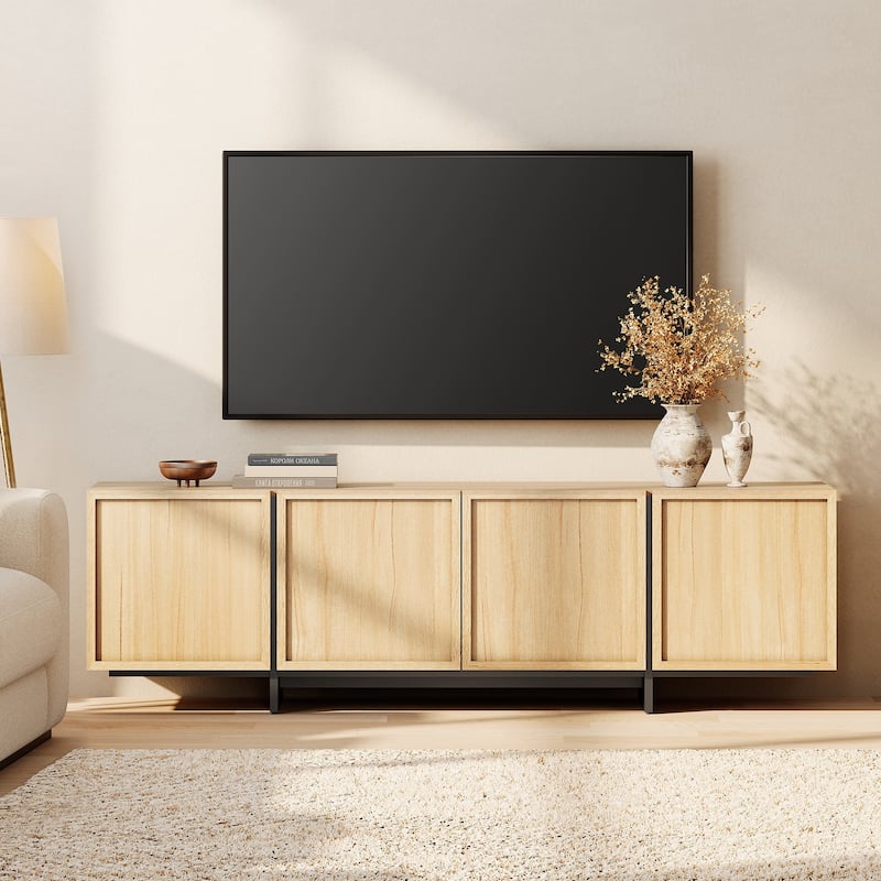 WAMPAT TV Stand with T-Shaped Legs, Modern Entertainment Center with 4 Storage Cabinets, Media Console TV Table for Living Room - 70 inches - Oak