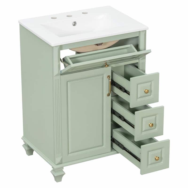 24" Bathroom Vanity with Sink, Freestanding Vanity Cabinet with Flip-Out Drawer, 3 Drawers, Ceramic Top