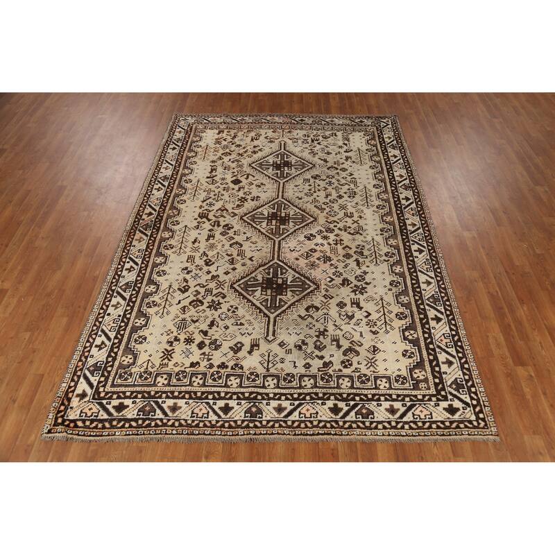 Hand Knotted Oriental 100% Wool Carpet Traditional Tribal Beige & Ivories Qashqai Area Rug - 9' 6'' X 6' 7''