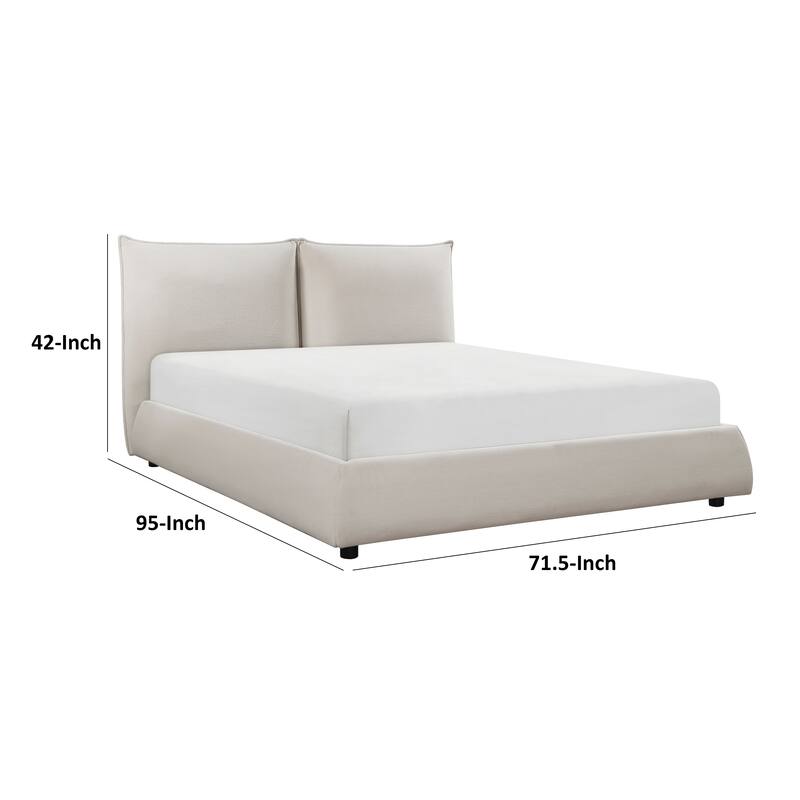 Inna Queen Platform Bed, Beige Chenille Fabric Upholstered Pillow Headboard
