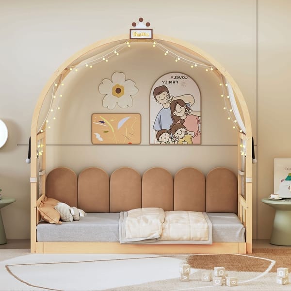 slide 2 of 30, Wooden Twin Size Extended Bed With Arched Roof and Trundle Natural