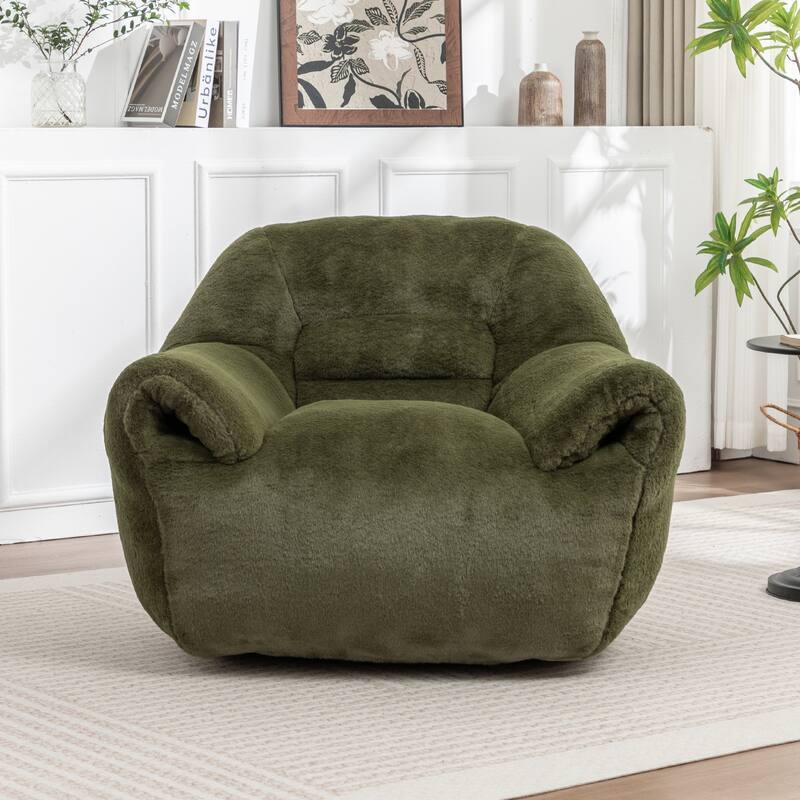 Faux Fur Bean Bag Chair with Back Support & Footstool - Comfy Floor Sofa for Adults & Kids, Living Room, Bedroom (2 Options) - Green