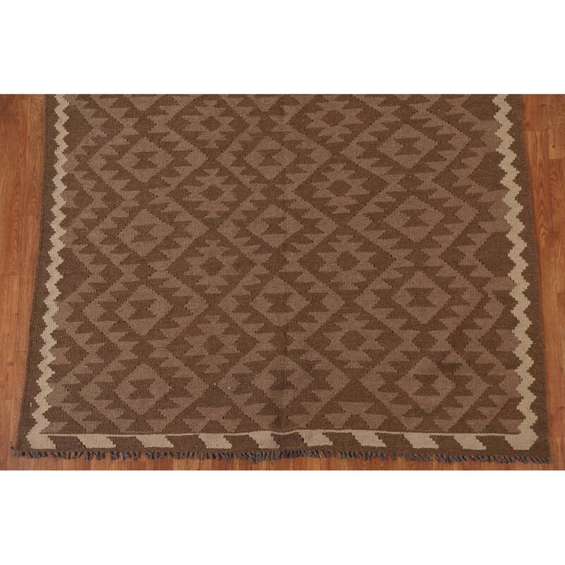 Geometric Kilim Reversible Area Rug Flat-weave Bedroom Wool Carpet - 5'1" x 7'10"