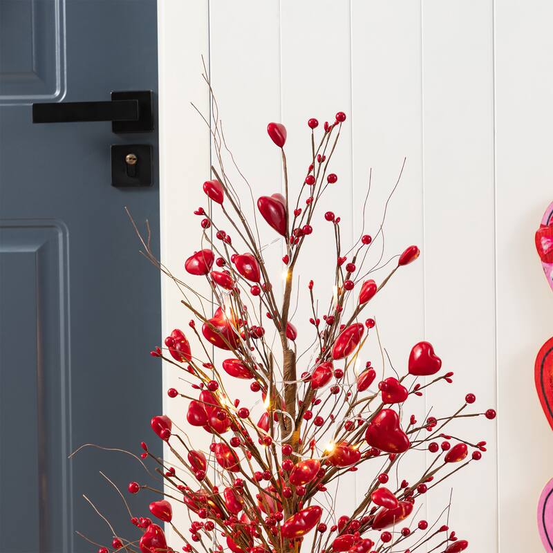 Glitzhome 36"H Valentine's Lighted Berry Heart Urn Porch Tree w/Timer
