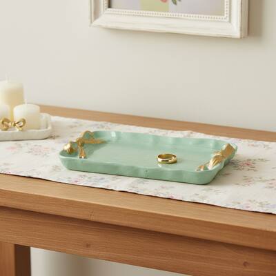 HomeRoots 8" Aqua And Gold Cast Iron Ribbons Vanity Tray - 7.50 in. x 0.50 in. x 4.50 in.