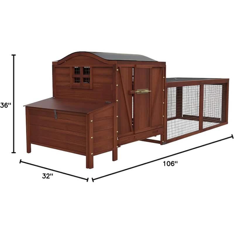 Wooden Chicken Coop, 106" Outdoor Hen House with Run, Red