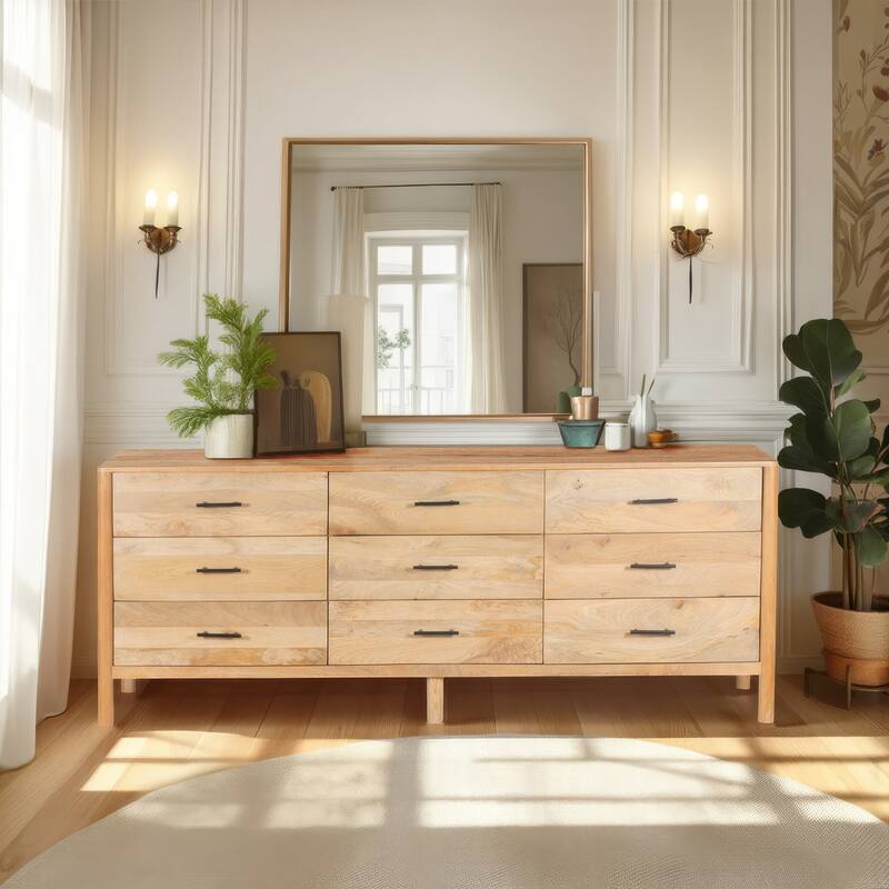 Geti Dresser 9 Drawers, 84 Inch Wide, Handcrafted Natural Oak White Mango Wood,