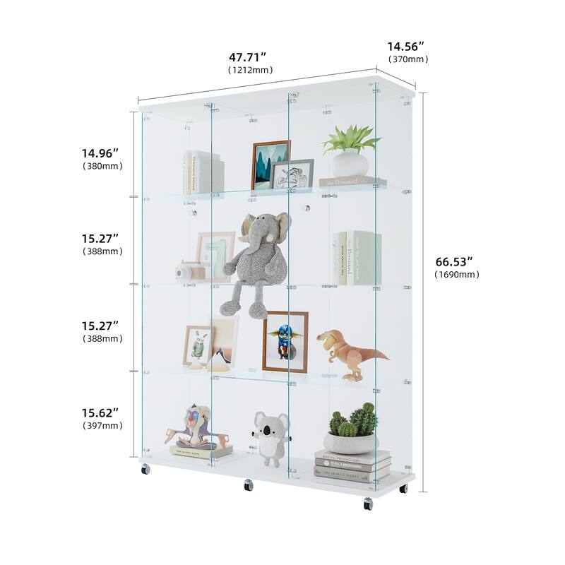 12 Shelves Glass Display Cabinet with 3 Columns and Lock, Curio Cabinets Tempered Glass Floor Standing Bookshelf for Living Room