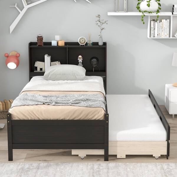 slide 2 of 50, Twin Bed with Trundle, Drawers, and Bookcase Headboard for Compact Spaces Brown