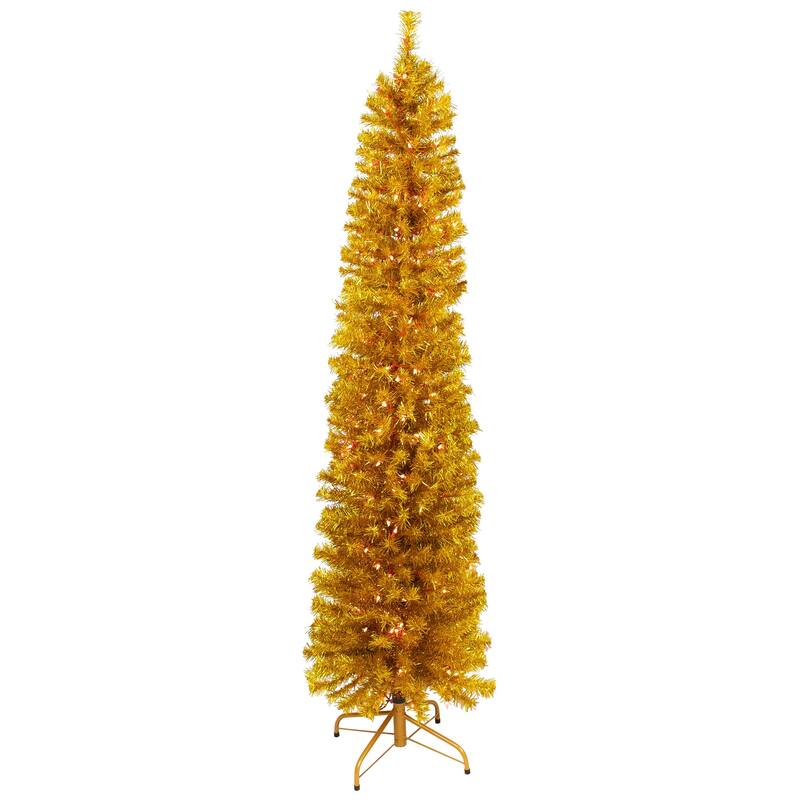 Pre-Lit Pencil Tinsel Artificial Christmas Tree - 6' - Gold - Clear Lights - Red Wire - 6 Foot