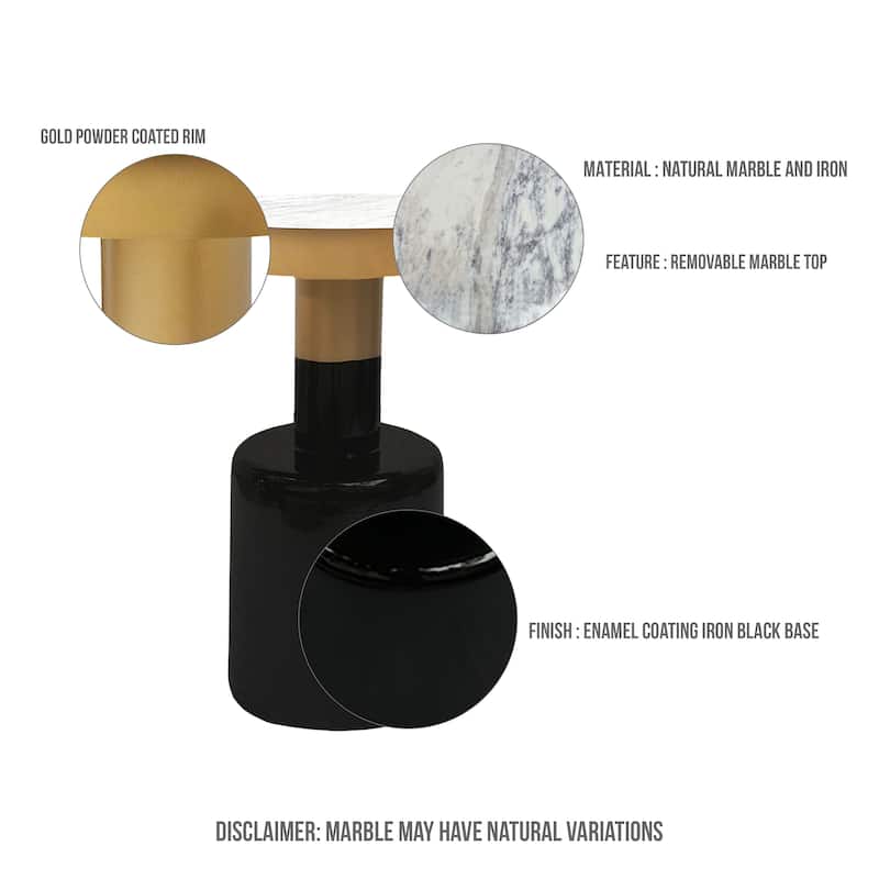 20 Inch Round Side End Table, Gold Banded Natural White Marble Top, Black Enamel Coated Iron Pedestal Base