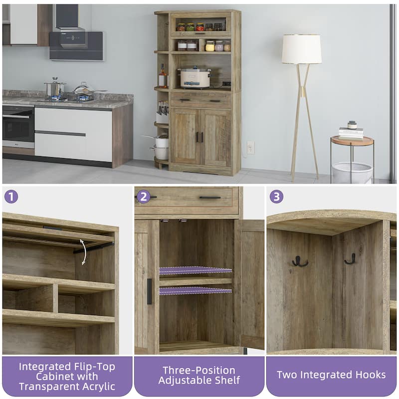 67" Kitchen Pantry Cabinets with Microwave Stand & Charging Station