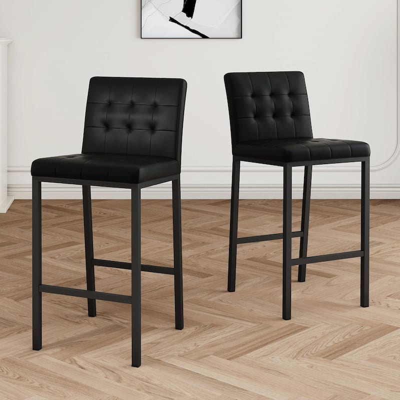 Modern High Stool with PU Seat and Metal Legs (Set of 2) - Black PU