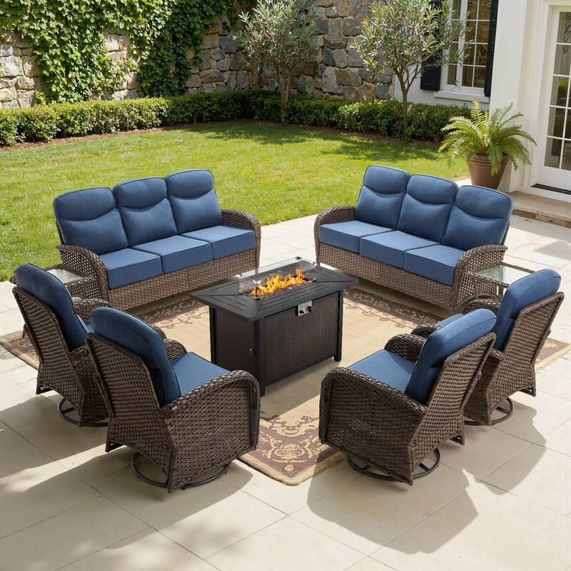 Meyreso 9-Piece Wicker Outdoor Patio Fire Pit Sofa Set with 6-Inch Thick Cushions - Brown Wicker - Navy Blue Cushions