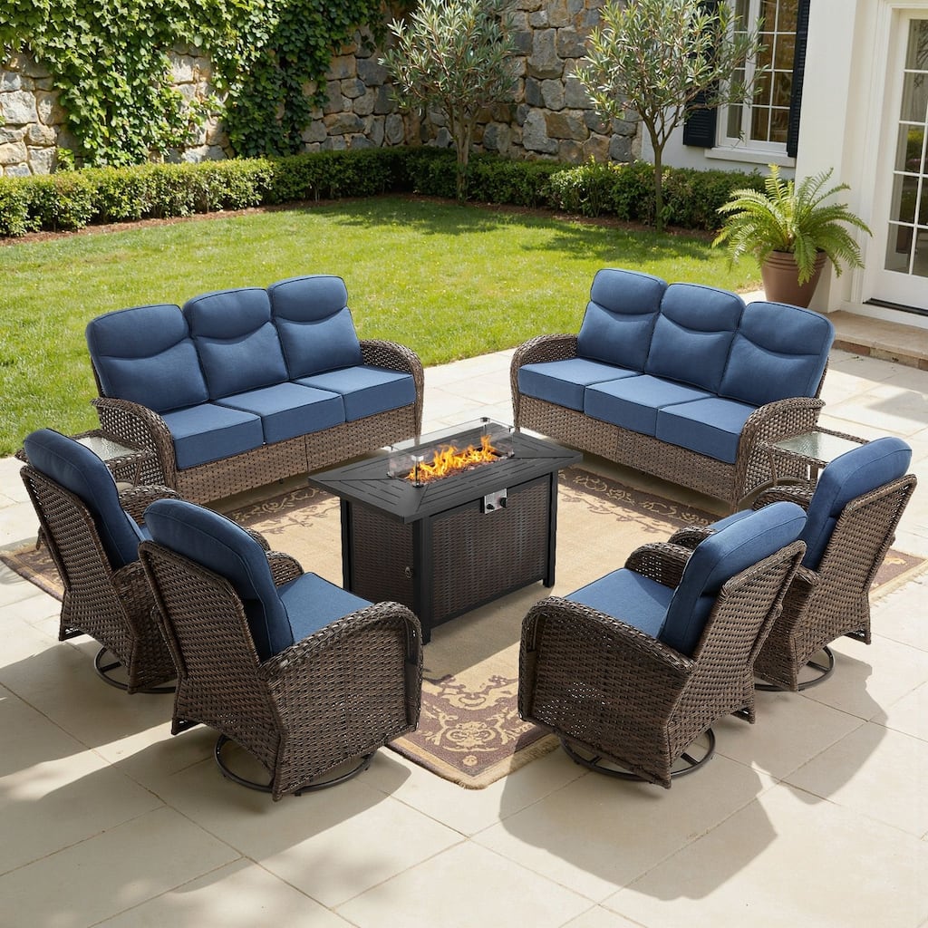 Meyreso 9-Piece Wicker Outdoor Patio Fire Pit Sofa Set with 6-Inch Thick Cushions