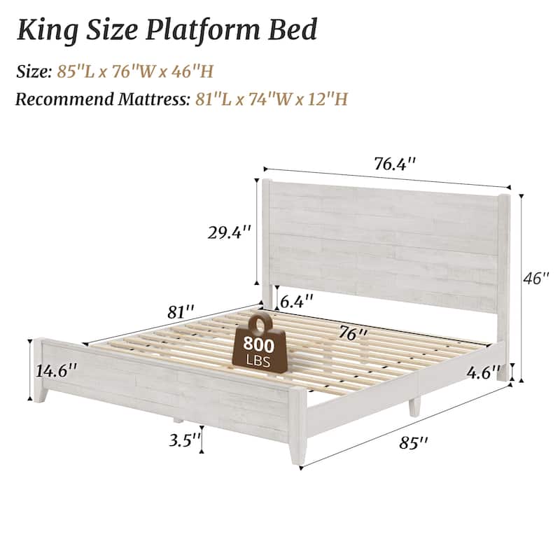 LUE BONA Pine Platform Bed with Distressed Headboard, Solid Wood Queen Bed Frame/King Bed Frame/Full Bed Frame