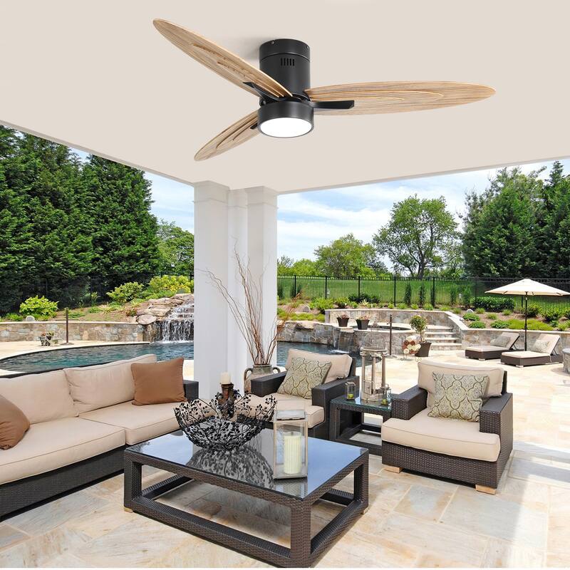 56 Inch Flush Mount Ceiling Fan with Light, Remote LED Ceiling Fan Lights with 3 Solid Wood Blades, Reversible DC Motor