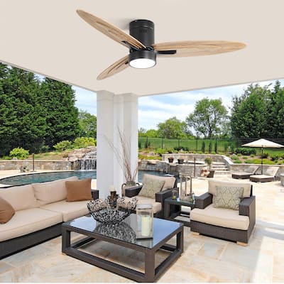 56 Inch Modern Flush Mount Ceiling Fan with Light and Remote Control, 3 Solid Wood Blades - Black