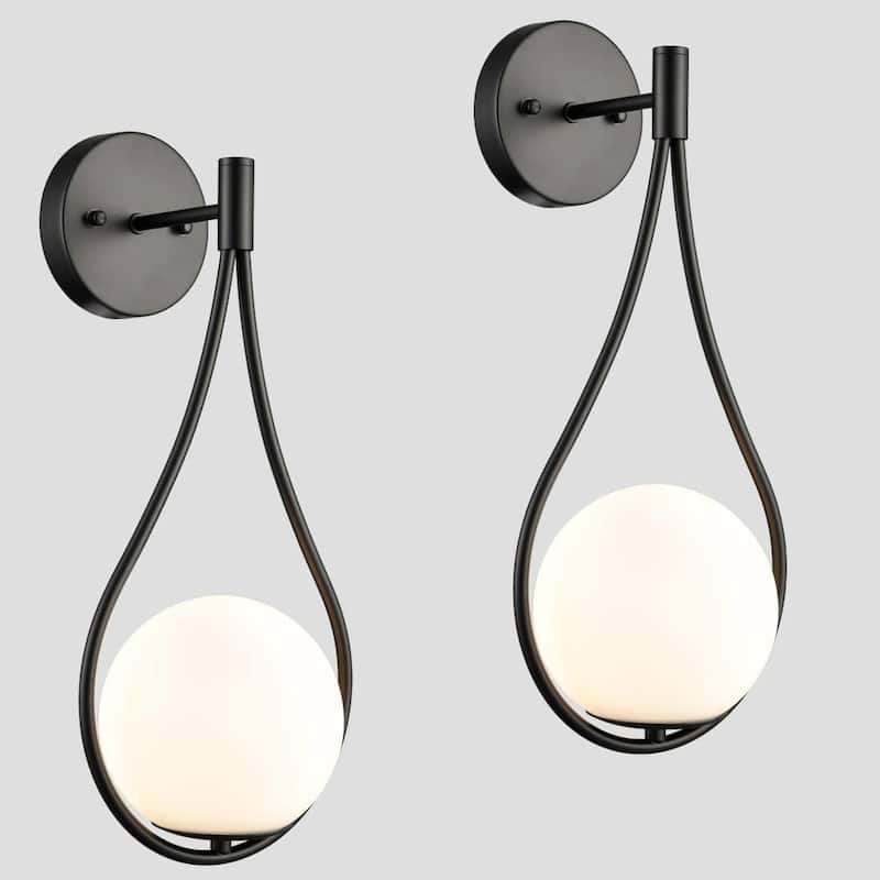 Porches Modern Wall Sconce with Opal Globe Glass Shade 2-Pack - Matte Black