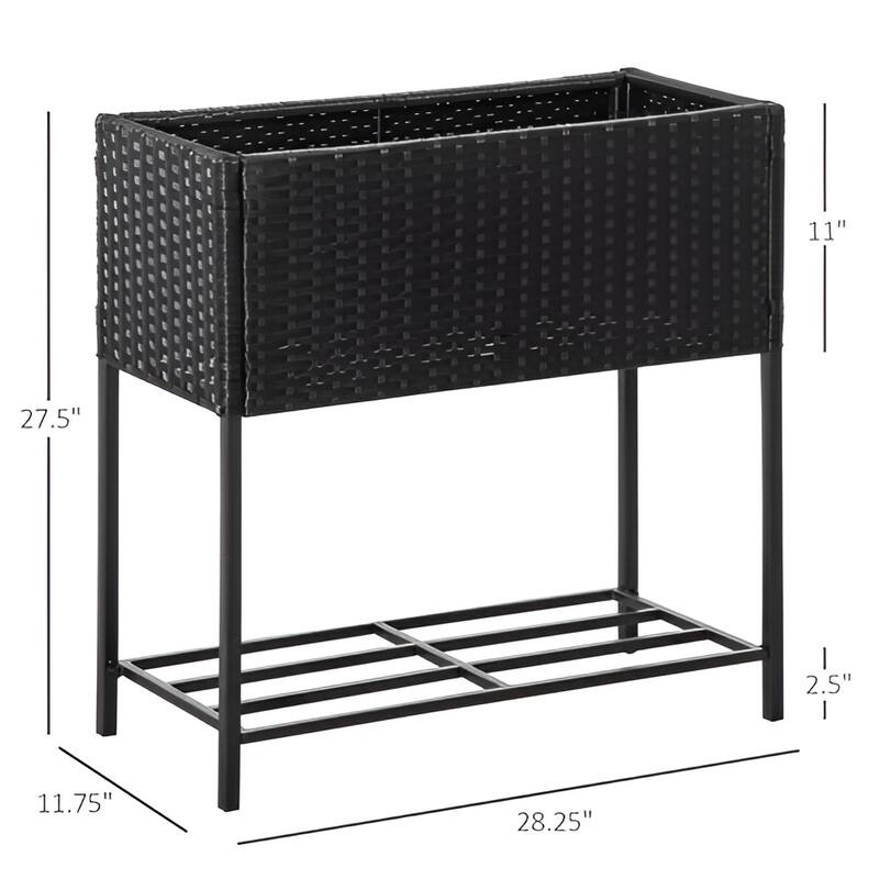 Rattan Steel Elevated Raised Planter Box with Storage Shelf - 27.5" L x 11.75" W x 27.5" H