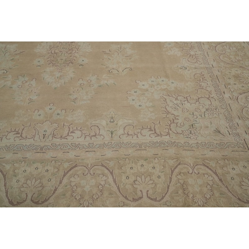 Hand Knotted Oriental 100% Wool Carpet Traditional Floral Beige & Ivories Kerman Area Rug - 12' 4'' X 9' 9''
