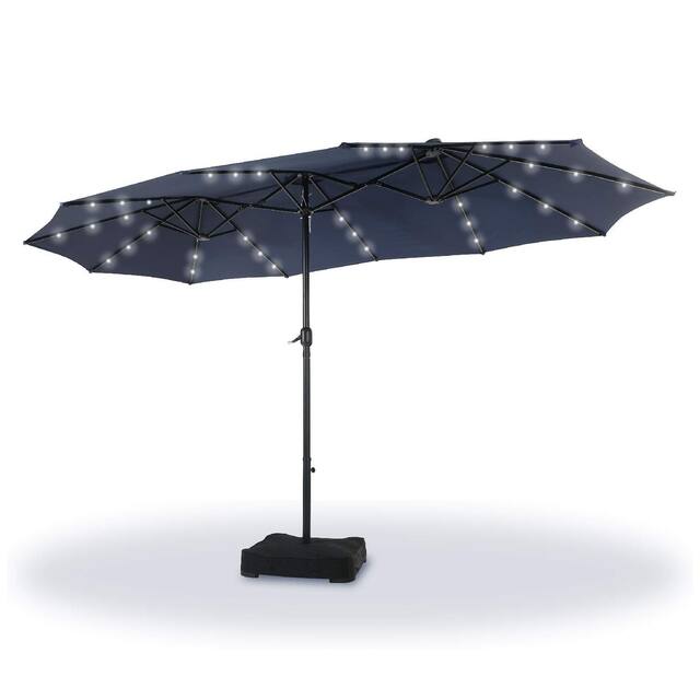 PHI VILLA 15-foot Rectangular Crank Outdoor Market Umbrella with Base Included - Navy+Lights