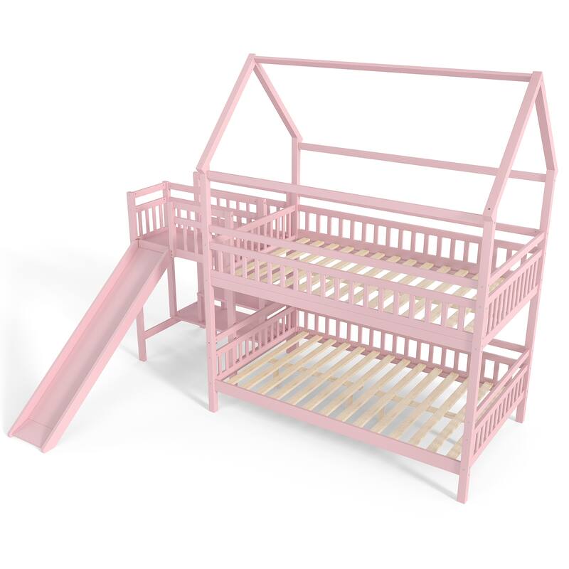 Full/Twin House-Shaped Bunk Bed with Slide & Storage Stairs, Playhouse Bed with Two Placement Methods