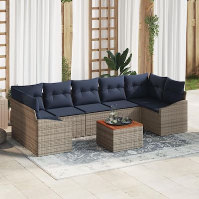 vidaXL 8 Garden Sofa Set with Cushions Black/Grey Poly Rattan - 113.8 x 48.6 x 27.2