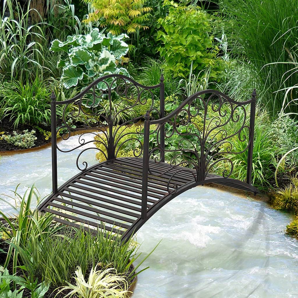 Outsunny 4’ Metal Arch Backyard Garden Bridge with Safety Siderails, Delicate Scrollwork, & Easy Assembly, Black Bronze