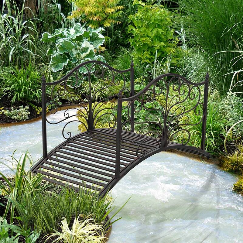 Outsunny 4’ Metal Arch Backyard Garden Bridge with Safety Siderails, Delicate Scrollwork, & Easy Assembly, Black Bronze