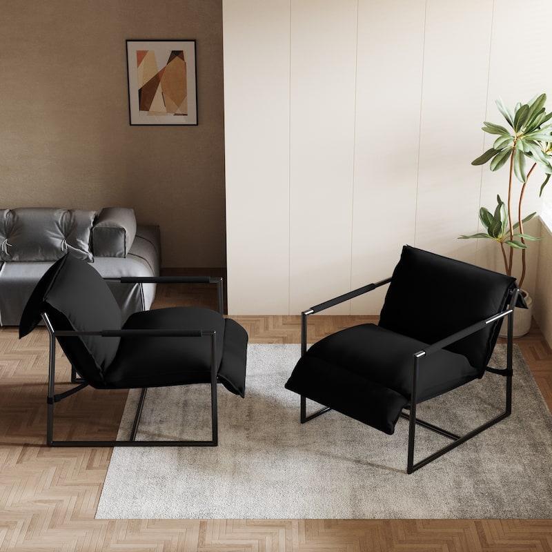 Mid-century Metal Sling Armchair with Lengthen Upholstered Set of 2