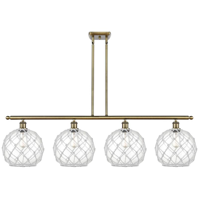 Innovations Lighting Endless Possibilities Ballston - Farmhouse Rope - 4 Light 48" Stem Hung Island Light with 10" Shades - Antique Brass/Clear Glass with White Rope