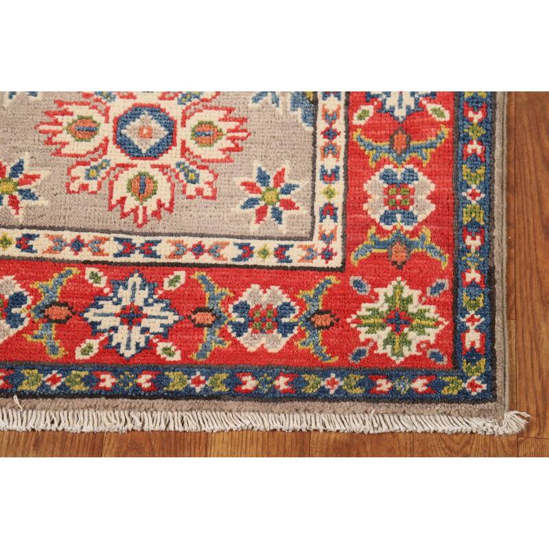 Hand Knotted Oriental 100% Wool Carpet Traditional Geometric Greys & Charcoal Kazak Area Rug - 3' 0'' X 2' 0''