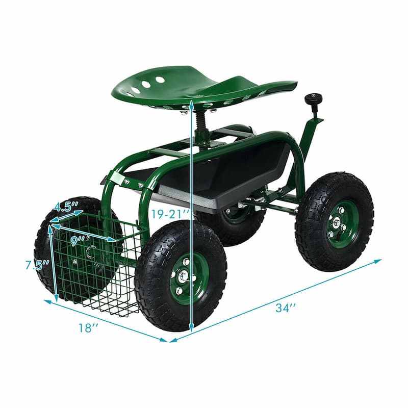 Gymax Rolling Garden Cart Scooter w/ Adjustable Seat Storage Basket