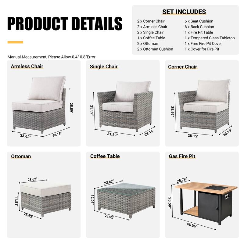 HOOOWOOO 10-piece Grey Wicker Patio Outdoor Furniture Set with Fire Pit