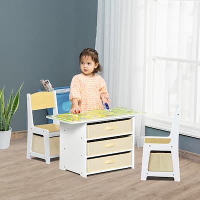 Kids Table and Chair Set with Triple Activity Top Whiteboard Road Map and Building Block Surface for Ages 2 to 5