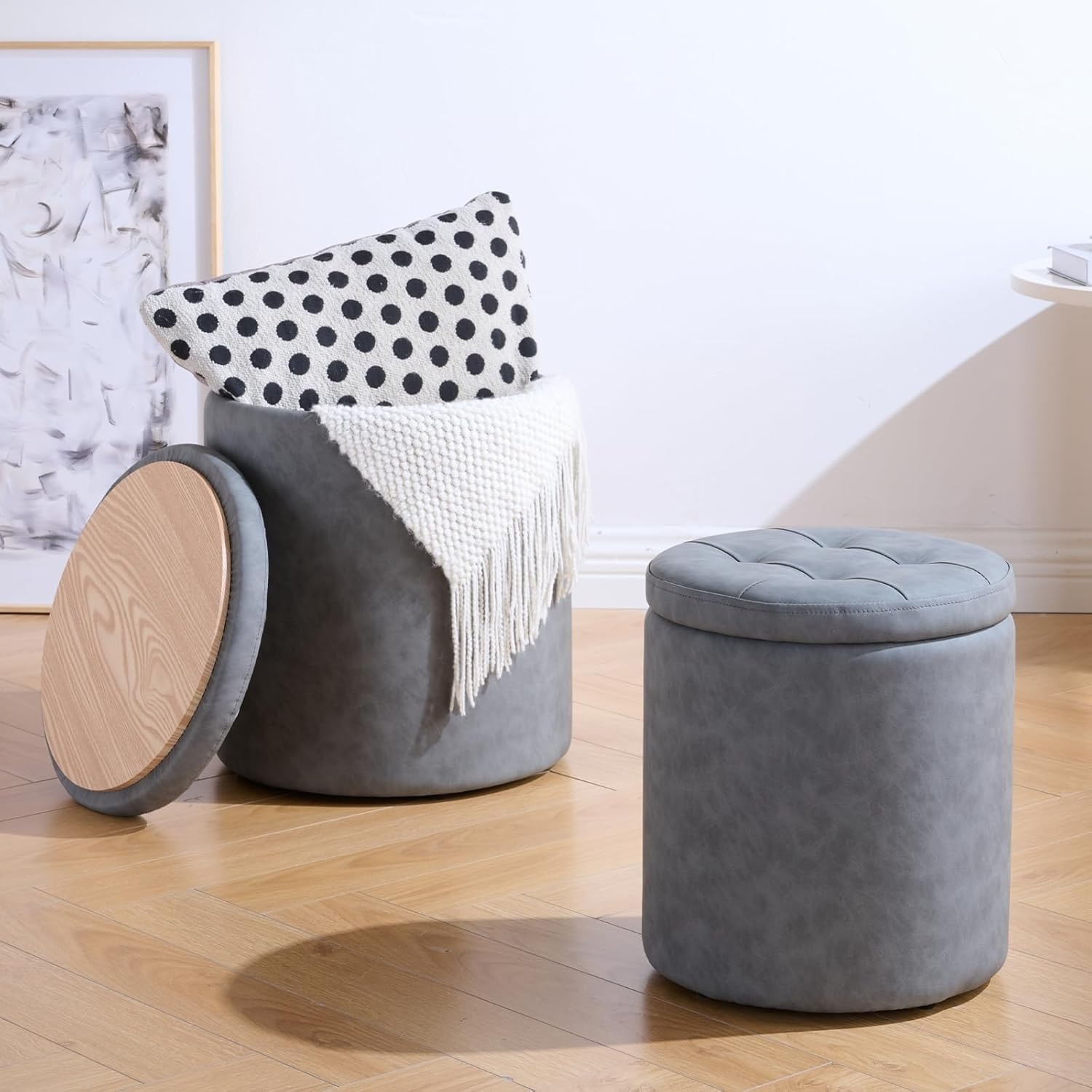 12.6"x14.17" & 14.76"x17.32" Round Set of 2 Storage Ottoman Vanity Stool, Padded Footrest for Living Room, Grey