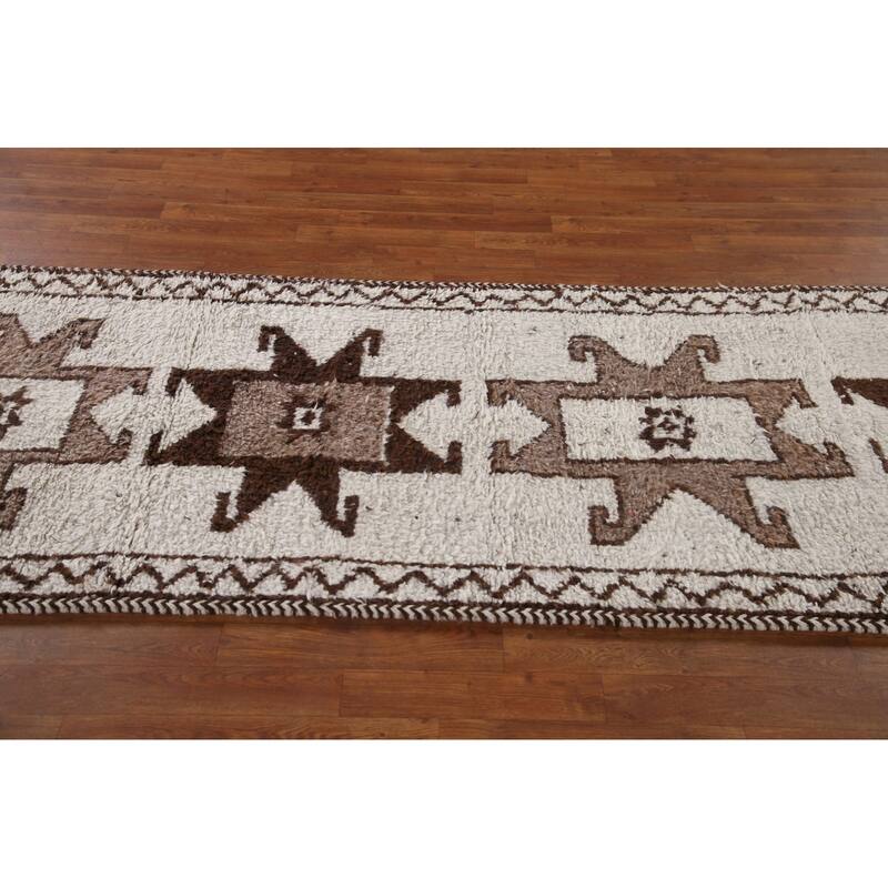 Natural Dye Beige Tribal Anatolian Runner Rug Hand-knotted Wool Carpet - 3'2"x 10'9"