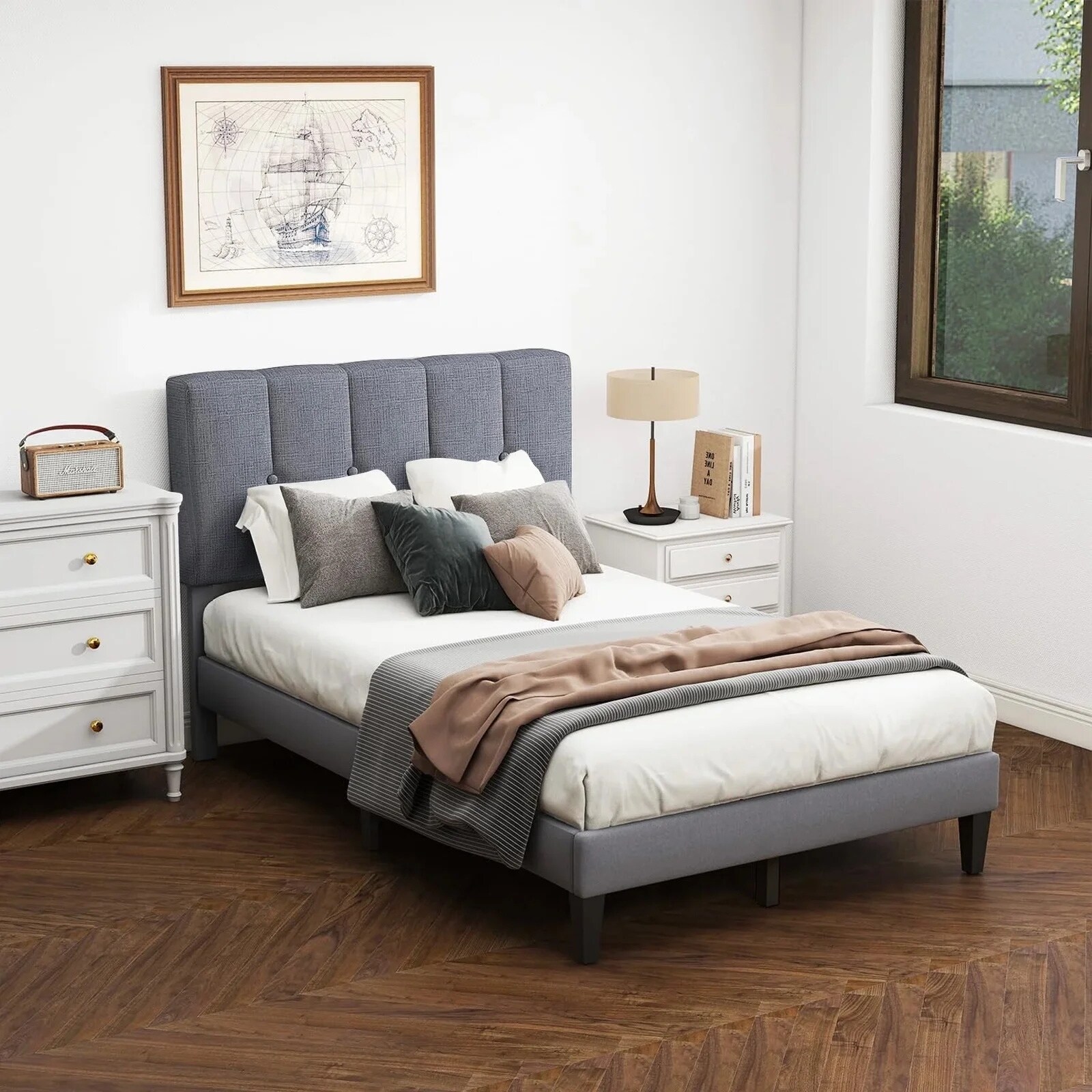 Twin Upholstered Platform Bed Frame with Linen Headboard