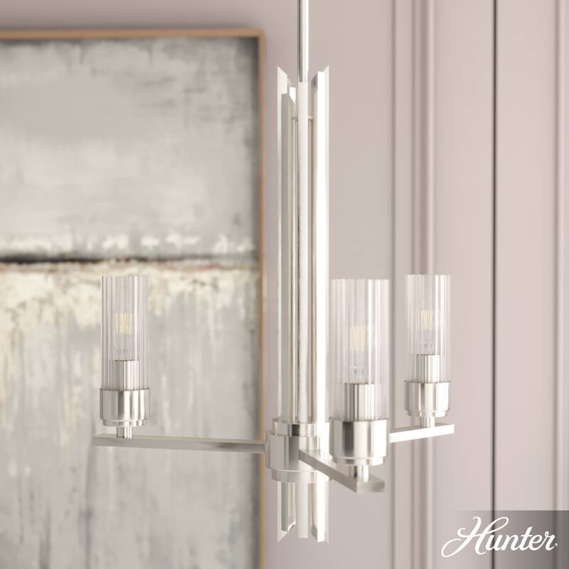 Hunter Gatz Ribbed Glass Chandelier - Dining Room, Kitchen Island, Entry - Glam, Contemporary, Transitional - 18" 3 Light - Brushed Nickel