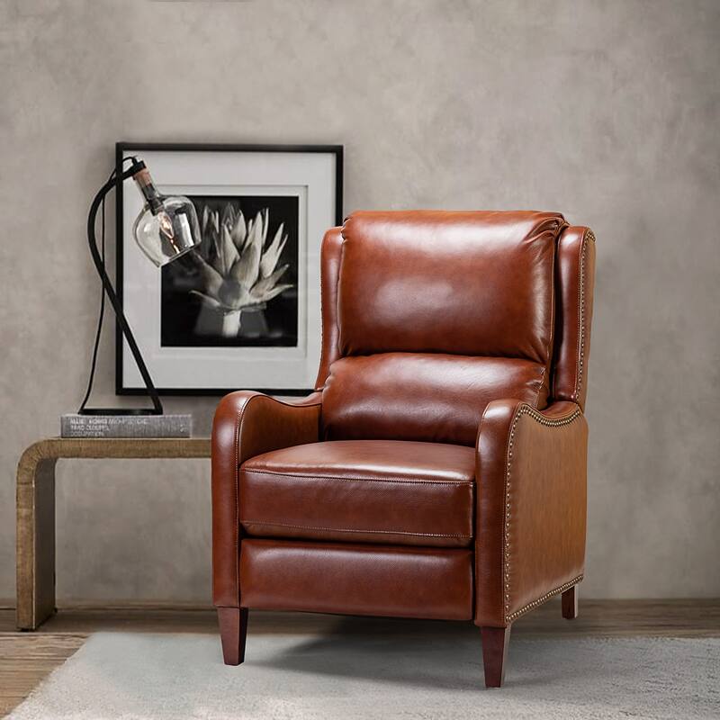 Brigida Cigar Genuine Leather Pushback Recliner with Nailhead Trim by HULALA HOME - BROWN