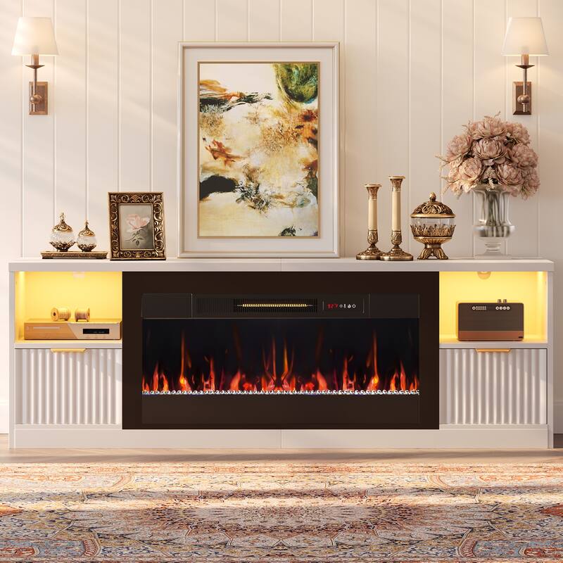 Bestier 71 in. Fluted Glossy White TV Stand with Electric Fireplace Fits TV Up to 75 in. Entertainment Center with Cabinet