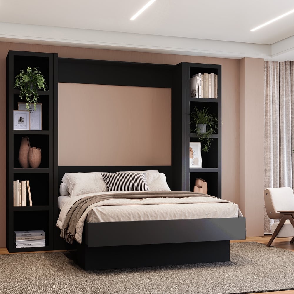 Easy-Lift Full Murphy Wall Bed with Two Bookshelves