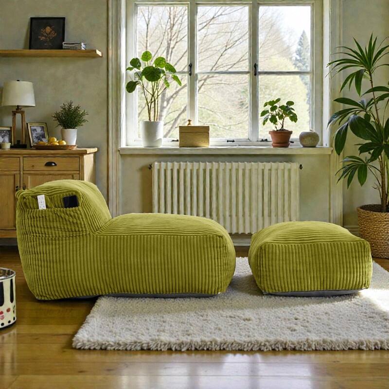 Large Memory Foam Bean Bag Chair for Adults, Corduroy Lounger Sofa with Ottoman