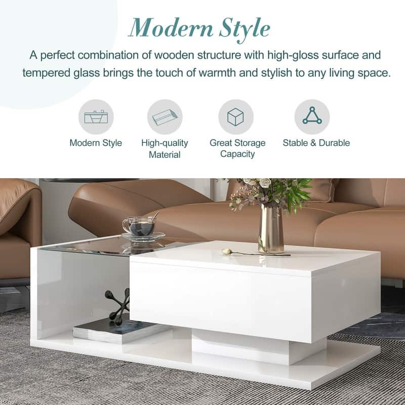Modernist Glass & High-Gloss Wood Coffee Table with Drawer, 2-Tier Rectangular Center Table for Living Room