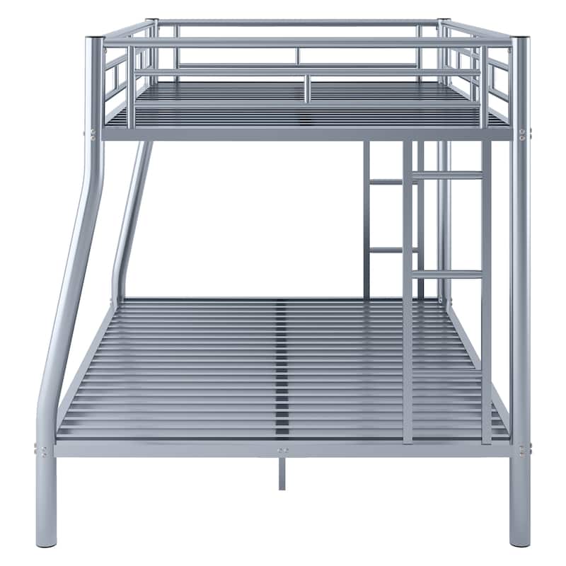 Silver Full XL over Queen Size Metal Bunk Bed with Ladder & Guardrails for Kids