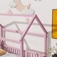 preview thumbnail 4 of 7, Twin Size Floor Wooden Bed with House Roof Frame, Fence Guardrails, Perfect for Imaginative Play and Safe Sleep, Pink